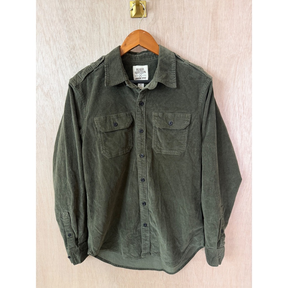Blake Shelton Lands End Mens Medium Olive Green Corduroy Button Down Shirt M